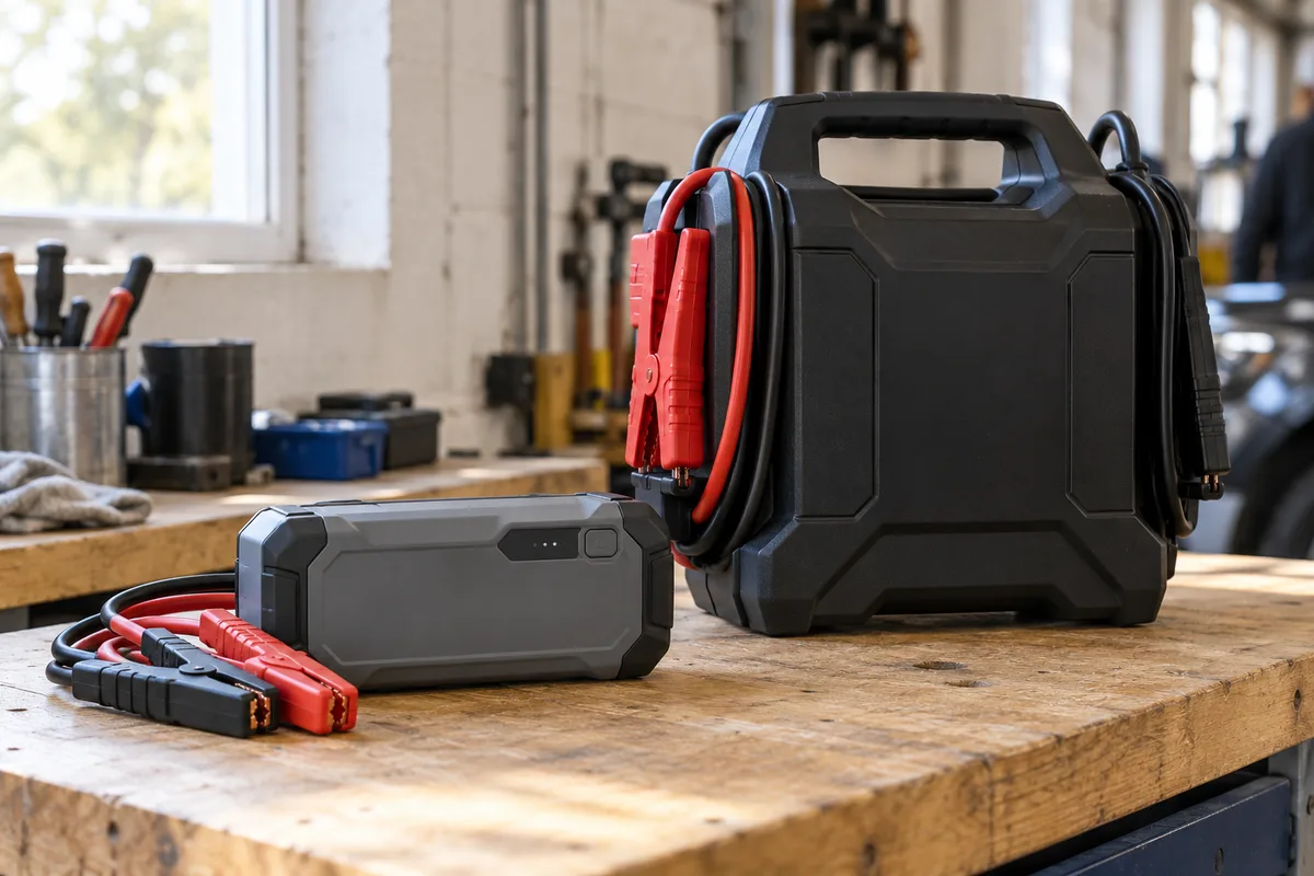 Booster lithium compact et booster au plomb plus volumineux posés côte à côte sur un établi