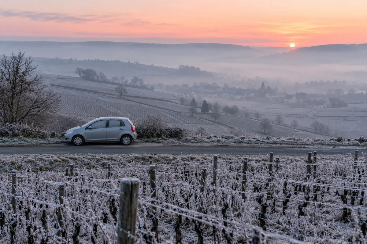 Citadine garée au bord d&rsquo;une route de vignes givrées au lever du jour en Côte-d&rsquo;Or
