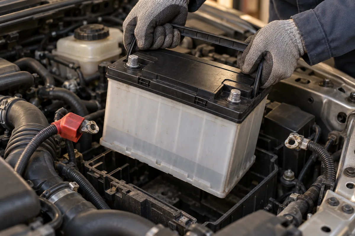 Mains gantées soulevant une batterie de voiture hors de son logement sous le capot
