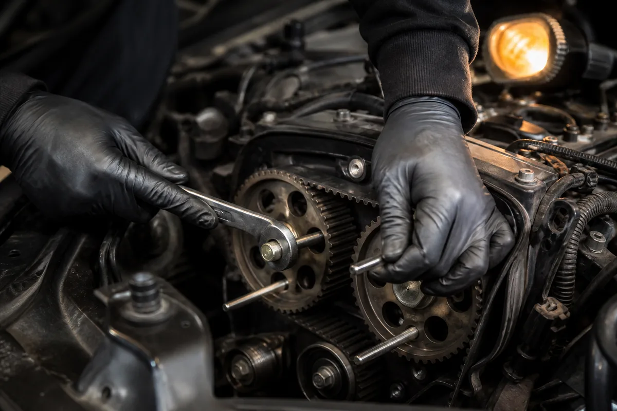 Mains gantees d un mecanicien verifiant le calage de distribution sur un moteur ouvert