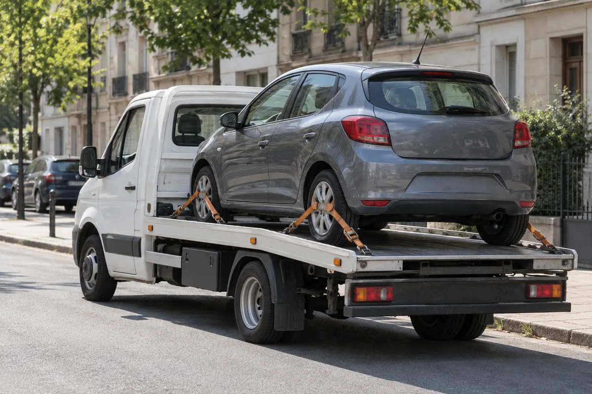 Petit porteur à plateau court transportant une citadine dans une rue de ville