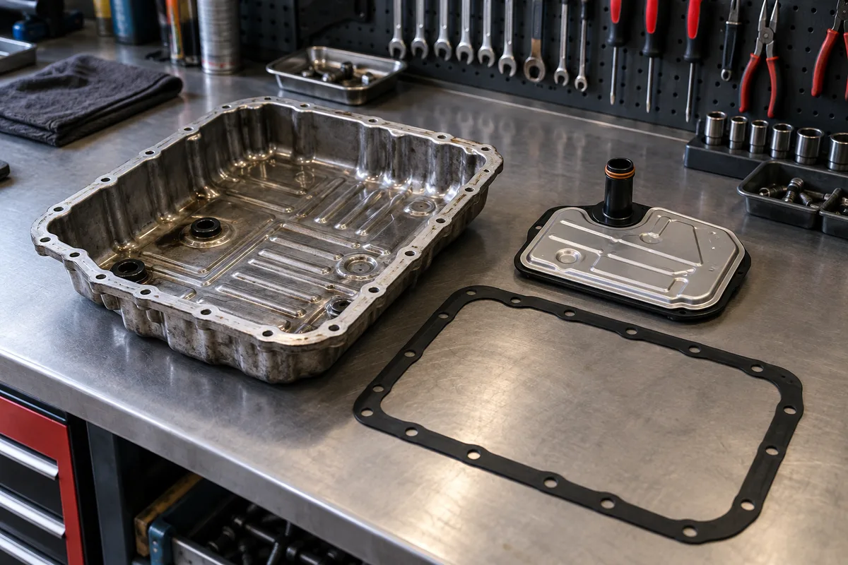 Carter de boîte automatique déposé sur un établi avec crépine et joint neufs