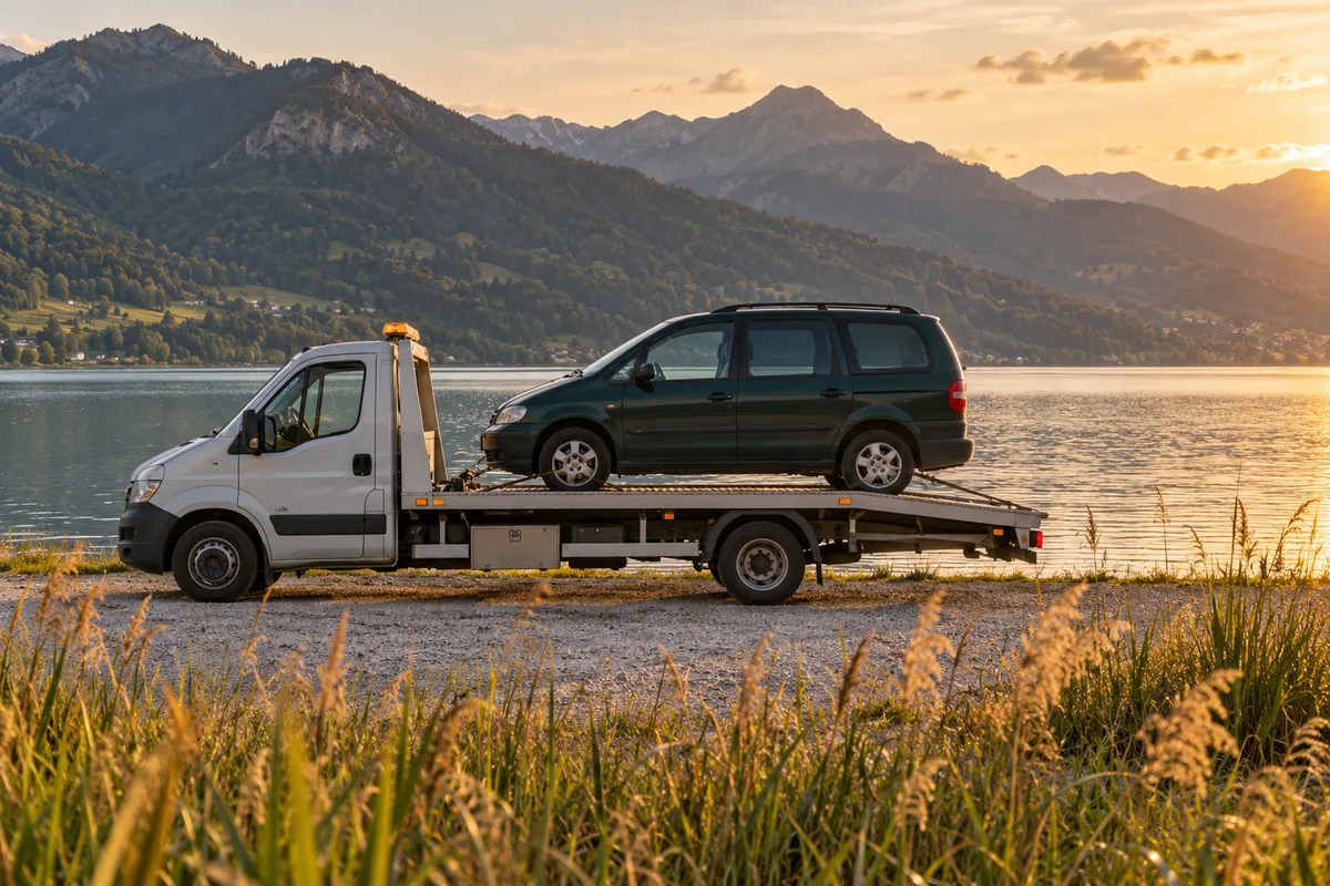 Plateau de dépannage chargé d&rsquo;un ancien monospace vert sur un parking au bord d&rsquo;un lac de Savoie
