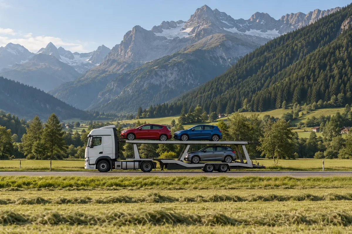 Camion porte-voitures chargé de trois compactes sur une route de vallée alpine