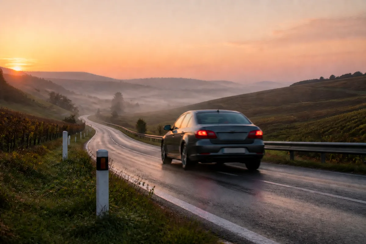 Voiture roulant sur une voie rapide de campagne bourguignonne au petit matin, vue de trois quarts arrière
