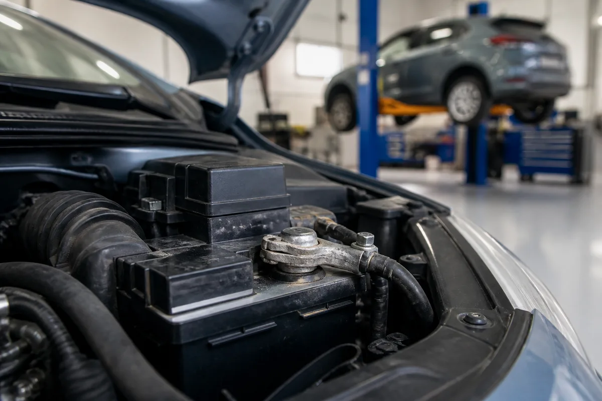 Cosses de batterie de voiture inspectées sous le capot ouvert