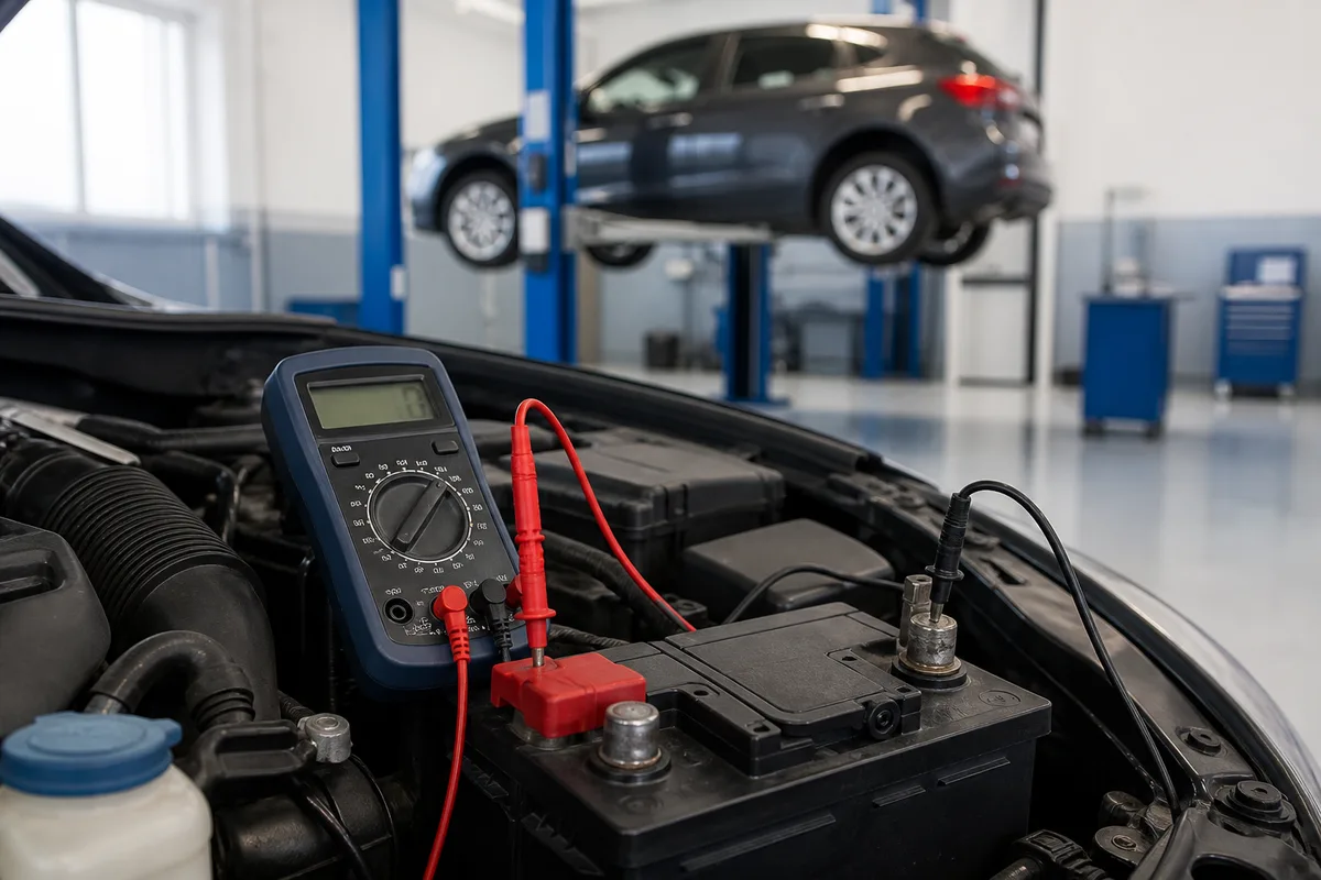 Multimètre mesurant la tension aux bornes d&rsquo;une batterie de voiture