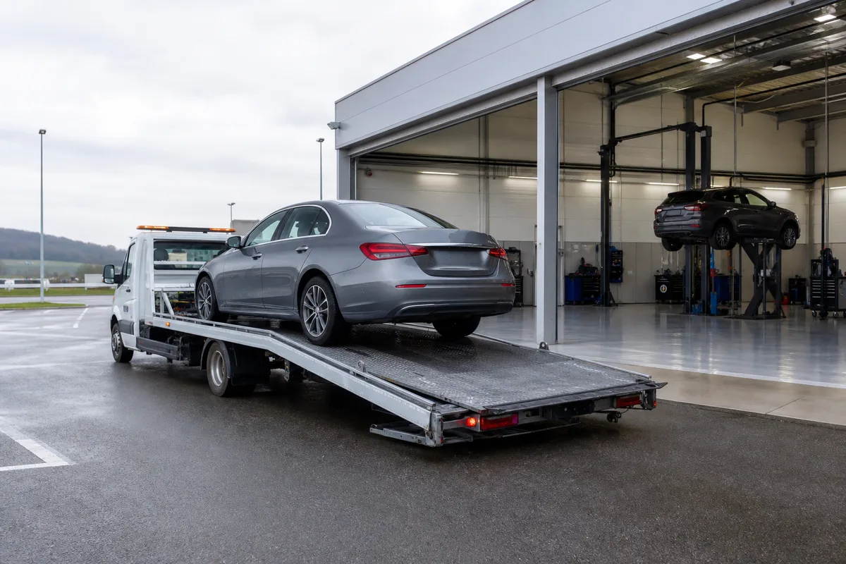 Plateau de dépannage chargeant une berline sur une aire d’autoroute en Côte-d’Or