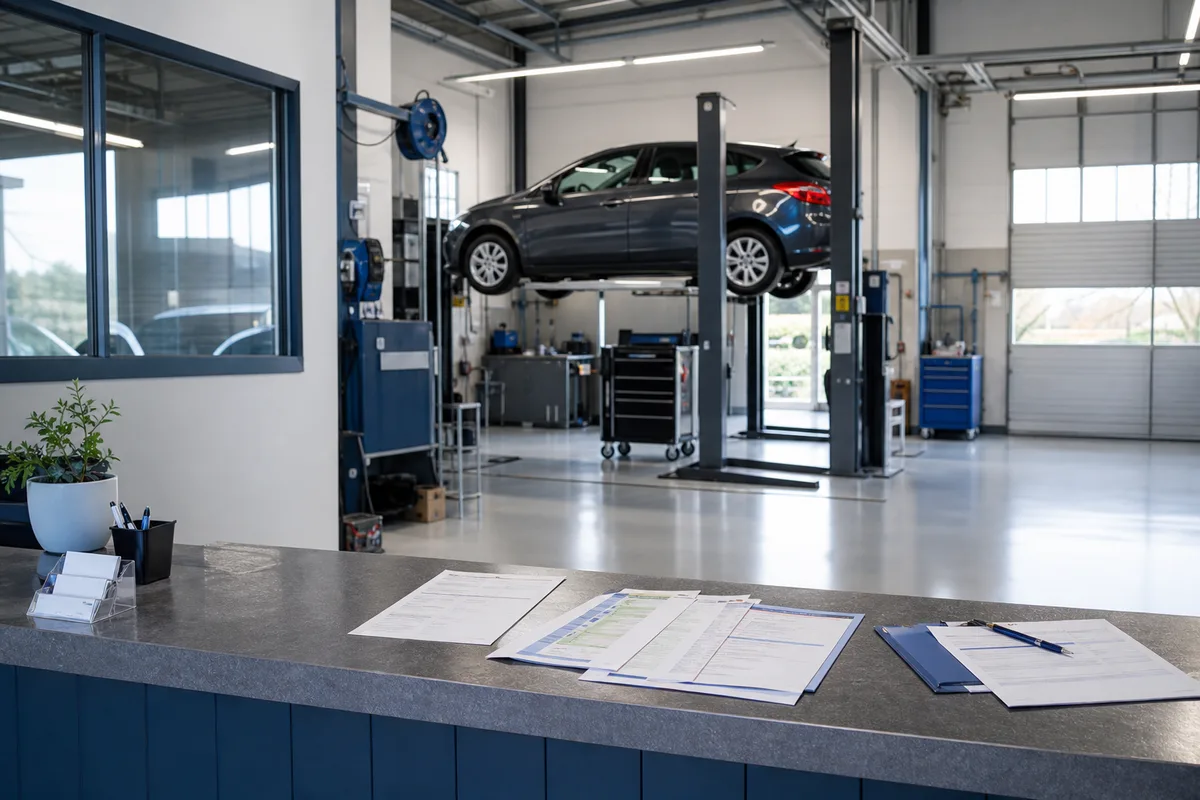 Comptoir de réception d&rsquo;un garage avec fiches d&rsquo;intervention