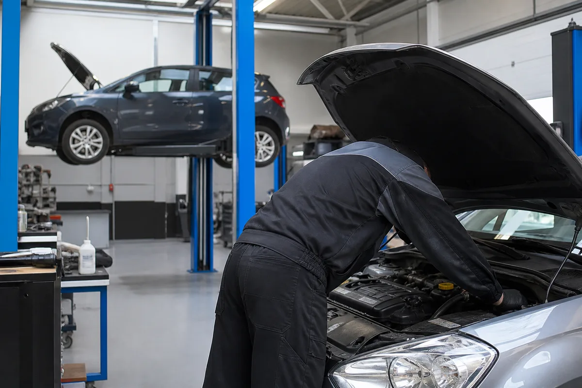 Mécanicien intervenant sous le capot d&rsquo;une voiture dans un atelier