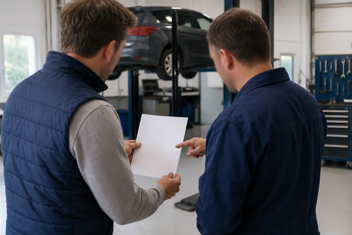 Client discutant d&rsquo;un devis avec un professionnel dans un garage