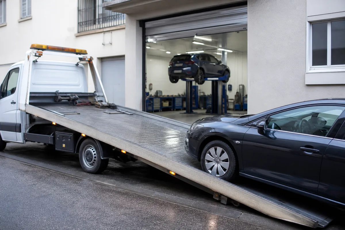 Camion plateau chargeant un véhicule immobilisé dans une rue de Dijon