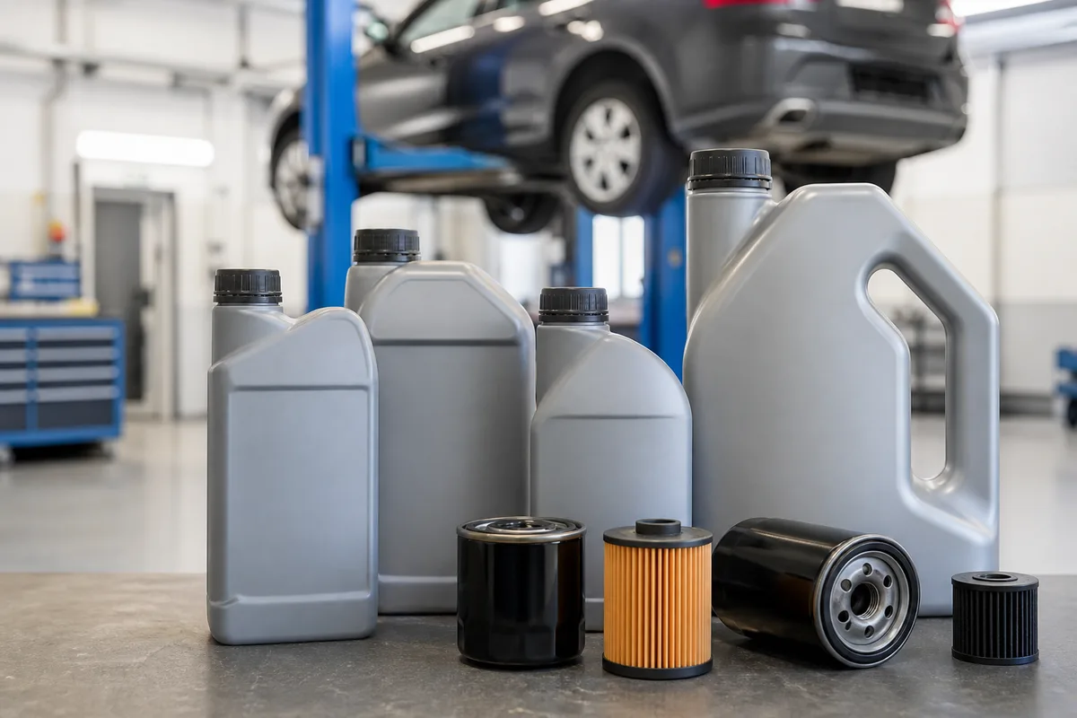 Bidons d&rsquo;huile moteur et filtres alignés sur un établi d&rsquo;atelier
